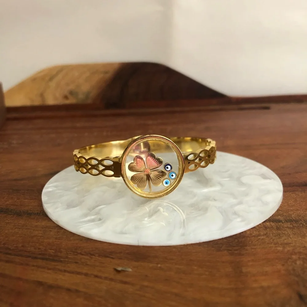 Women’s Gold Plated Lucky Clover Evil Eye Stainless Steel Bracelet Bangle Gifts